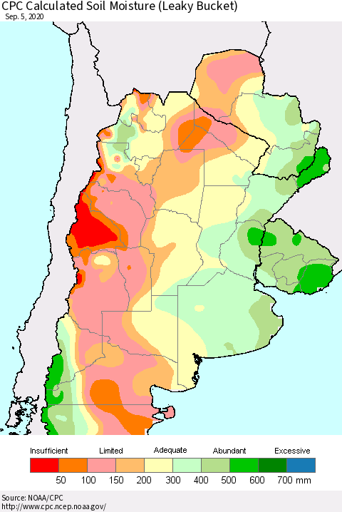 Southern South America CPC Calculated Soil Moisture (Leaky Bucket) Thematic Map For 9/1/2020 - 9/5/2020