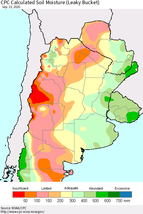 Southern South America CPC Calculated Soil Moisture (Leaky Bucket) Thematic Map For 9/6/2020 - 9/10/2020