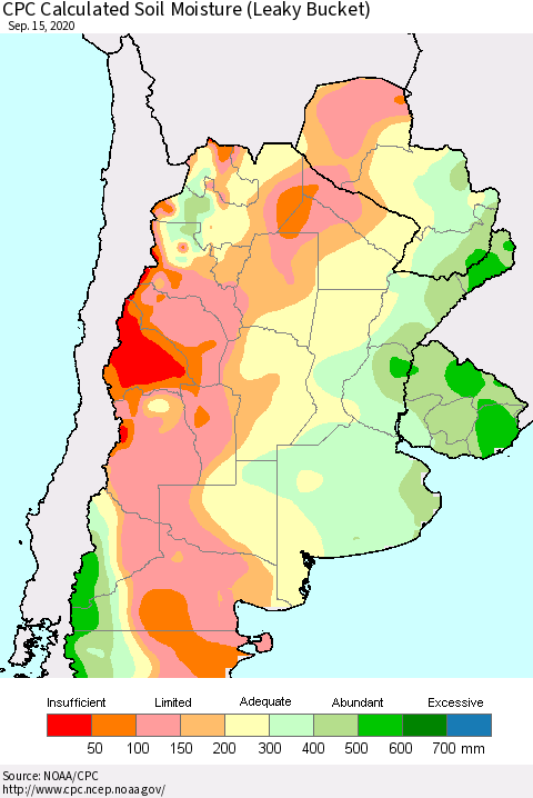Southern South America CPC Soil Moisture (Leaky Bucket) Thematic Map For 9/11/2020 - 9/15/2020