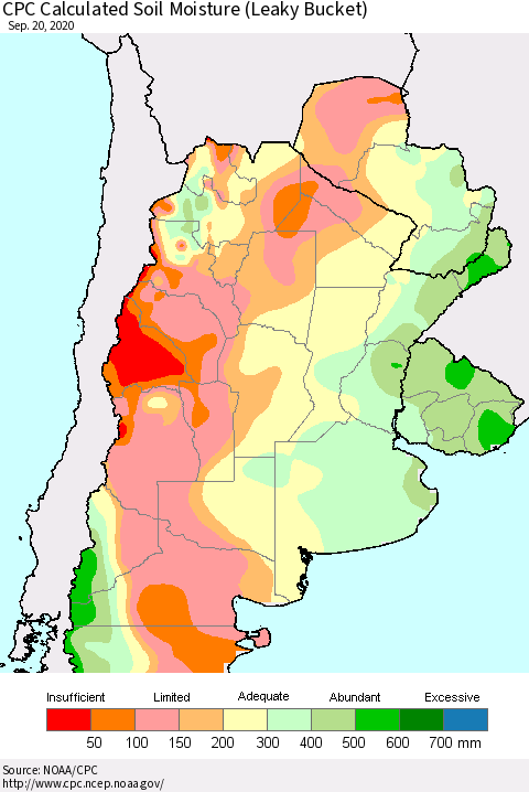 Southern South America CPC Calculated Soil Moisture (Leaky Bucket) Thematic Map For 9/16/2020 - 9/20/2020