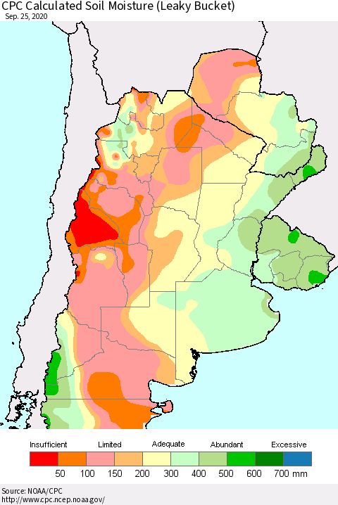 Southern South America CPC Calculated Soil Moisture (Leaky Bucket) Thematic Map For 9/21/2020 - 9/25/2020