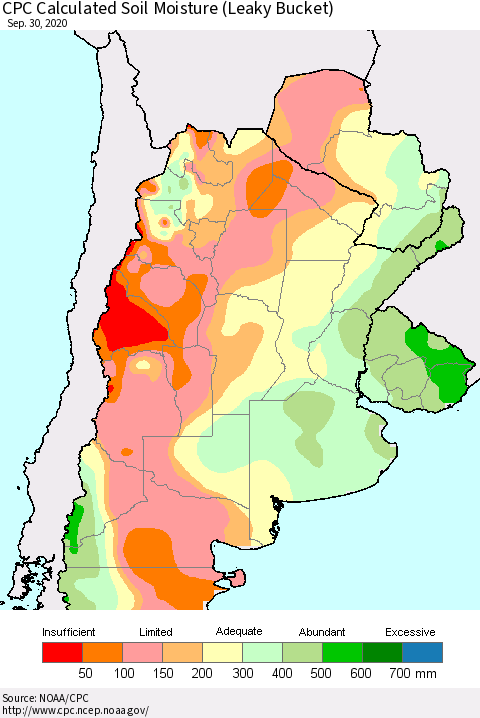 Southern South America CPC Calculated Soil Moisture (Leaky Bucket) Thematic Map For 9/26/2020 - 9/30/2020