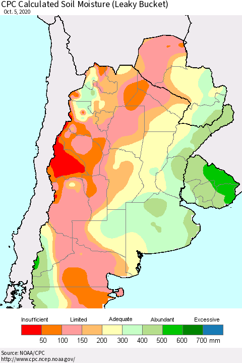 Southern South America CPC Calculated Soil Moisture (Leaky Bucket) Thematic Map For 10/1/2020 - 10/5/2020