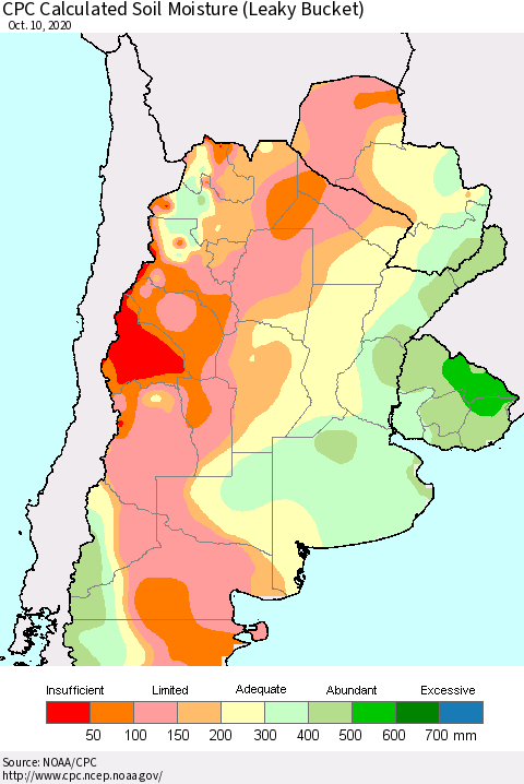 Southern South America CPC Calculated Soil Moisture (Leaky Bucket) Thematic Map For 10/6/2020 - 10/10/2020