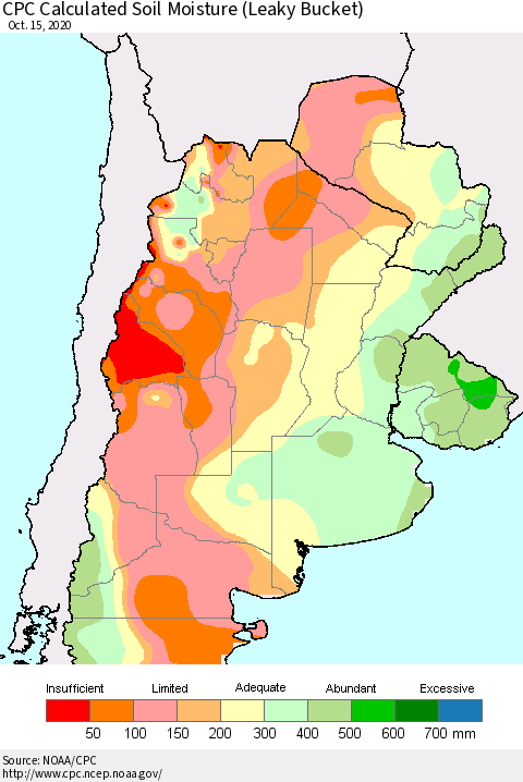 Southern South America CPC Calculated Soil Moisture (Leaky Bucket) Thematic Map For 10/11/2020 - 10/15/2020