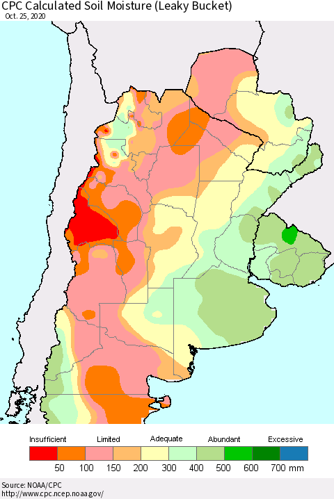 Southern South America CPC Calculated Soil Moisture (Leaky Bucket) Thematic Map For 10/21/2020 - 10/25/2020