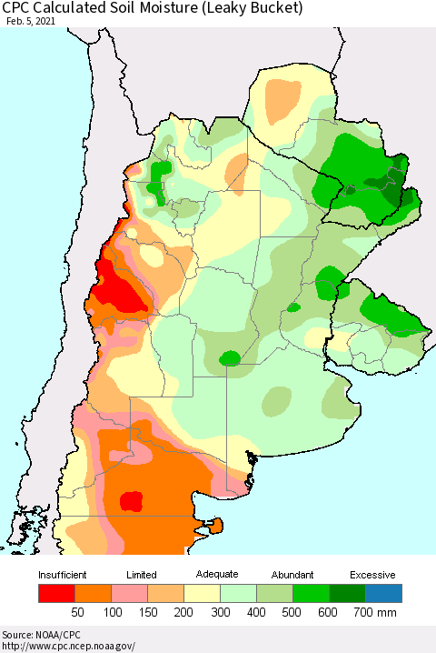 Southern South America CPC Calculated Soil Moisture (Leaky Bucket) Thematic Map For 2/1/2021 - 2/5/2021