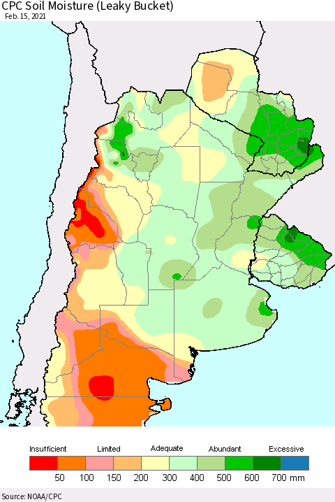 Southern South America CPC Calculated Soil Moisture (Leaky Bucket) Thematic Map For 2/11/2021 - 2/15/2021