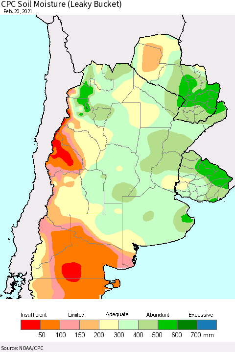Southern South America CPC Soil Moisture (Leaky Bucket) Thematic Map For 2/16/2021 - 2/20/2021