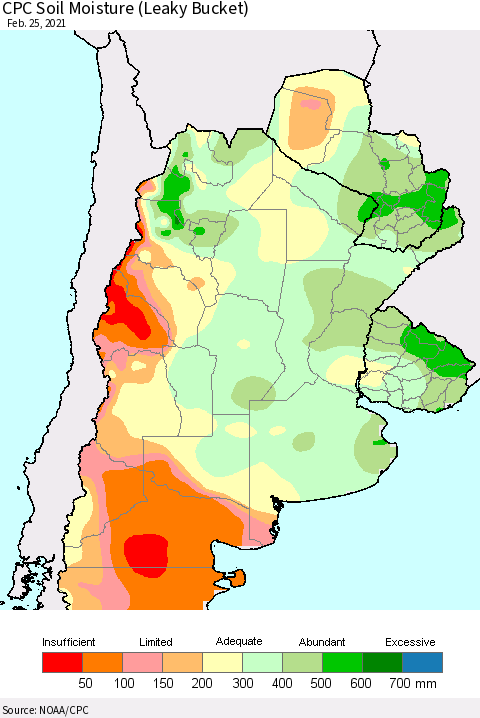 Southern South America CPC Soil Moisture (Leaky Bucket) Thematic Map For 2/21/2021 - 2/25/2021