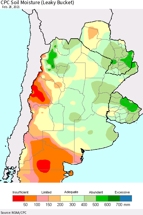 Southern South America CPC Calculated Soil Moisture (Leaky Bucket) Thematic Map For 2/26/2021 - 2/28/2021