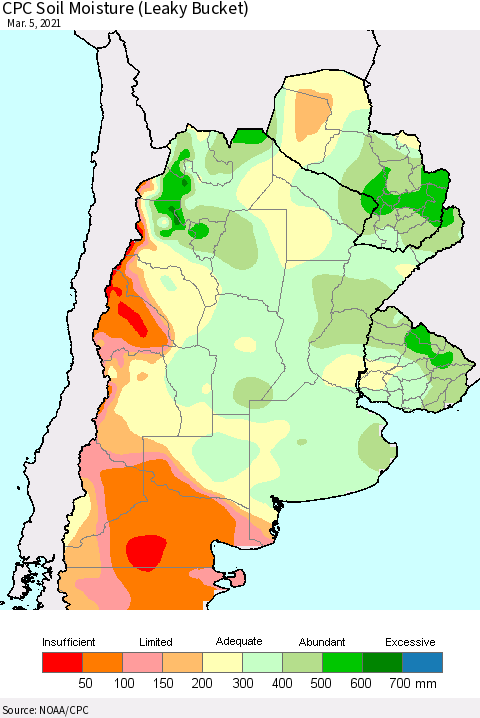 Southern South America CPC Calculated Soil Moisture (Leaky Bucket) Thematic Map For 3/1/2021 - 3/5/2021