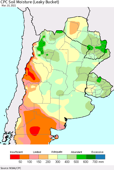 Southern South America CPC Calculated Soil Moisture (Leaky Bucket) Thematic Map For 3/6/2021 - 3/10/2021