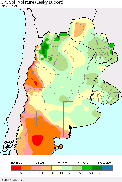 Southern South America CPC Calculated Soil Moisture (Leaky Bucket) Thematic Map For 3/11/2021 - 3/15/2021