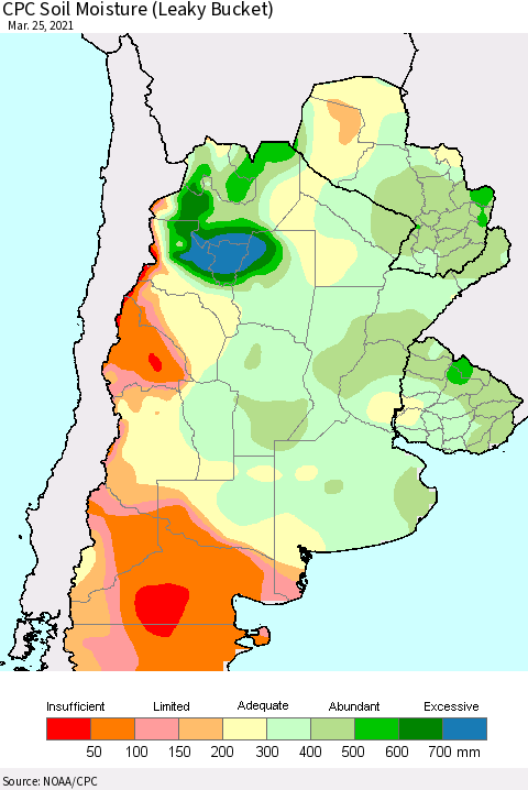 Southern South America CPC Soil Moisture (Leaky Bucket) Thematic Map For 3/21/2021 - 3/25/2021