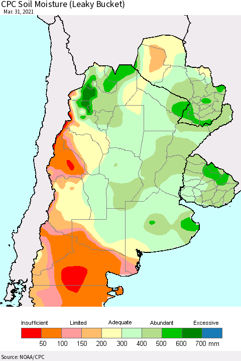 Southern South America CPC Calculated Soil Moisture (Leaky Bucket) Thematic Map For 3/26/2021 - 3/31/2021