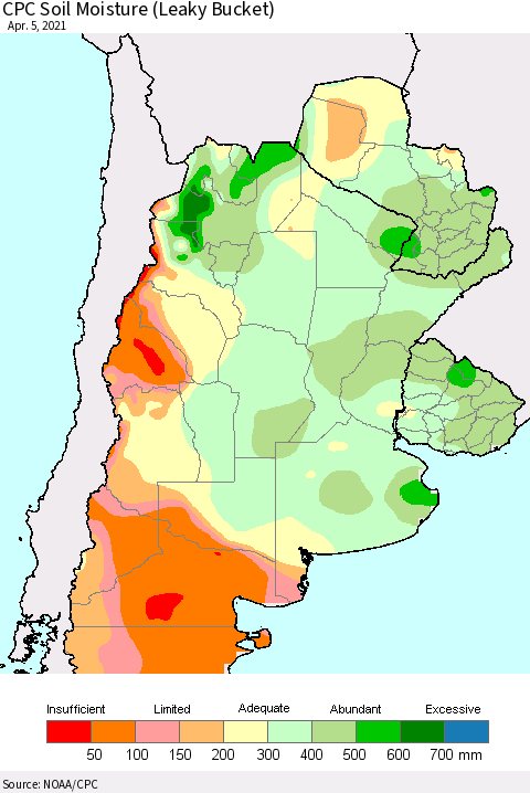 Southern South America CPC Calculated Soil Moisture (Leaky Bucket) Thematic Map For 4/1/2021 - 4/5/2021
