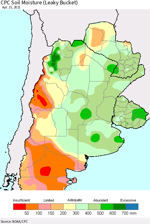Southern South America CPC Calculated Soil Moisture (Leaky Bucket) Thematic Map For 4/11/2021 - 4/15/2021