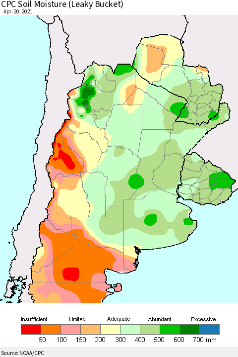 Southern South America CPC Calculated Soil Moisture (Leaky Bucket) Thematic Map For 4/16/2021 - 4/20/2021