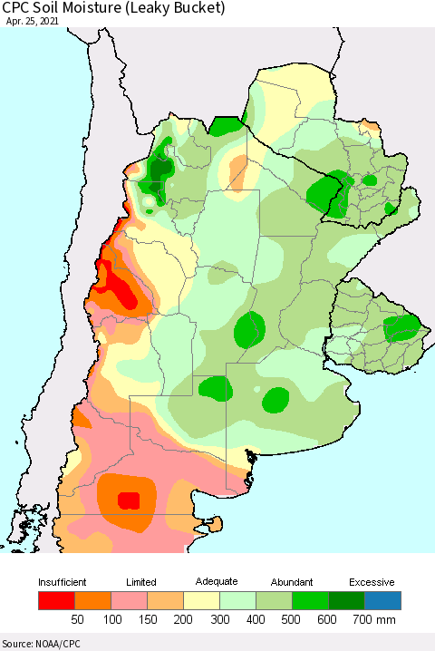 Southern South America CPC Calculated Soil Moisture (Leaky Bucket) Thematic Map For 4/21/2021 - 4/25/2021