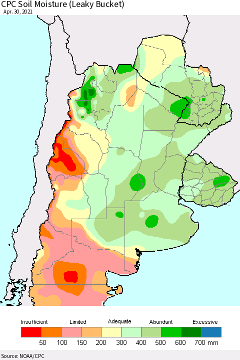 Southern South America CPC Calculated Soil Moisture (Leaky Bucket) Thematic Map For 4/26/2021 - 4/30/2021
