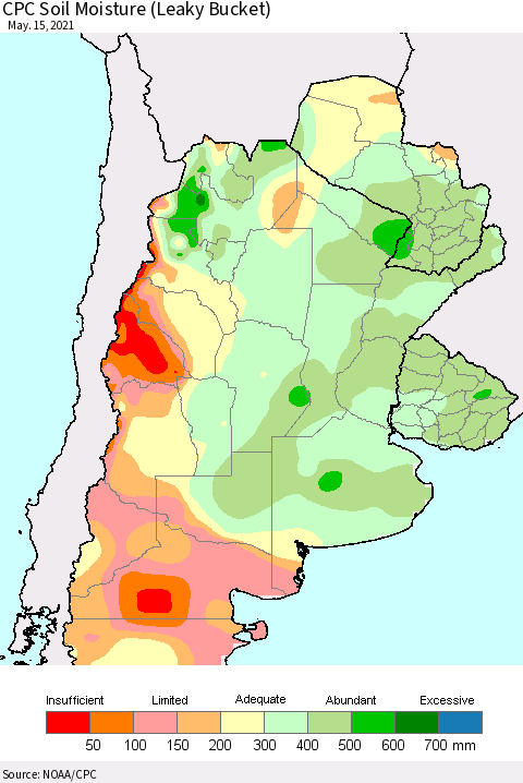 Southern South America CPC Calculated Soil Moisture (Leaky Bucket) Thematic Map For 5/11/2021 - 5/15/2021