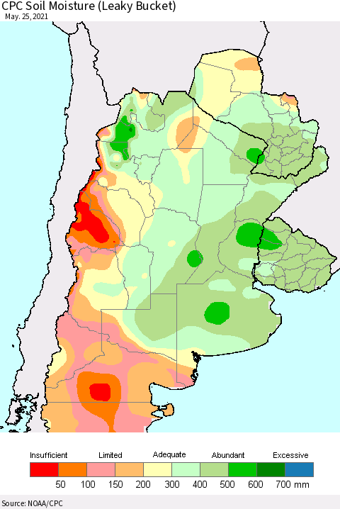 Southern South America CPC Soil Moisture (Leaky Bucket) Thematic Map For 5/21/2021 - 5/25/2021