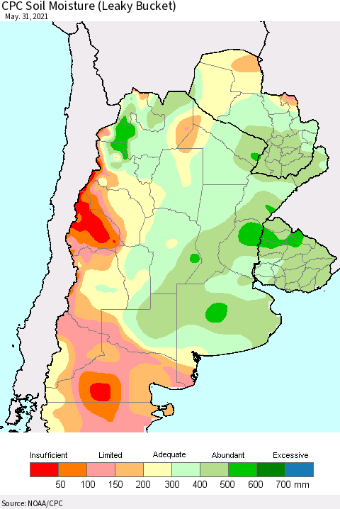 Southern South America CPC Soil Moisture (Leaky Bucket) Thematic Map For 5/26/2021 - 5/31/2021