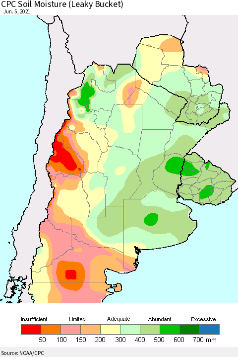 Southern South America CPC Calculated Soil Moisture (Leaky Bucket) Thematic Map For 6/1/2021 - 6/5/2021