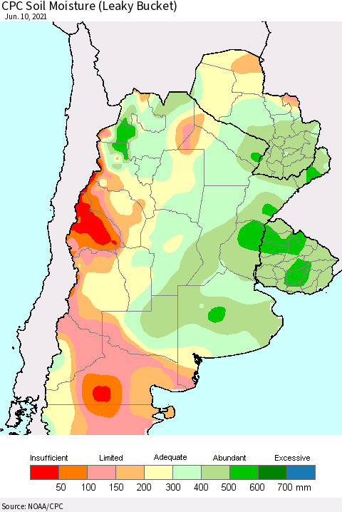 Southern South America CPC Soil Moisture (Leaky Bucket) Thematic Map For 6/6/2021 - 6/10/2021