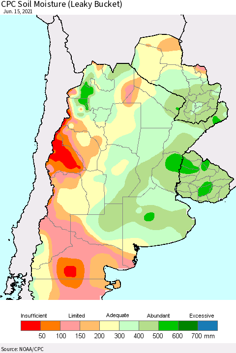Southern South America CPC Soil Moisture (Leaky Bucket) Thematic Map For 6/11/2021 - 6/15/2021