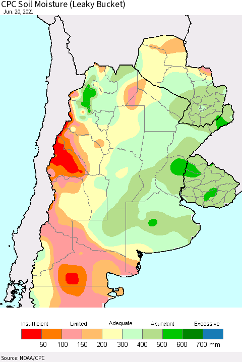 Southern South America CPC Calculated Soil Moisture (Leaky Bucket) Thematic Map For 6/16/2021 - 6/20/2021