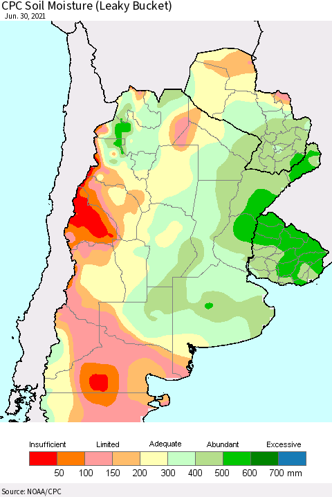 Southern South America CPC Soil Moisture (Leaky Bucket) Thematic Map For 6/26/2021 - 6/30/2021