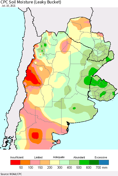 Southern South America CPC Soil Moisture (Leaky Bucket) Thematic Map For 7/6/2021 - 7/10/2021