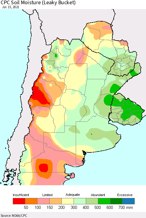 Southern South America CPC Soil Moisture (Leaky Bucket) Thematic Map For 7/11/2021 - 7/15/2021