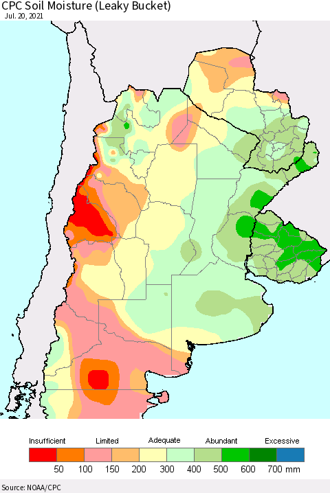 Southern South America CPC Soil Moisture (Leaky Bucket) Thematic Map For 7/16/2021 - 7/20/2021