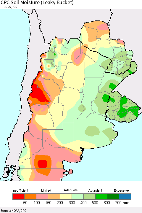 Southern South America CPC Soil Moisture (Leaky Bucket) Thematic Map For 7/21/2021 - 7/25/2021