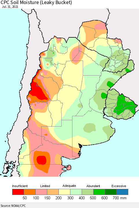 Southern South America CPC Soil Moisture (Leaky Bucket) Thematic Map For 7/26/2021 - 7/31/2021