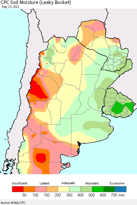 Southern South America CPC Soil Moisture (Leaky Bucket) Thematic Map For 8/11/2021 - 8/15/2021