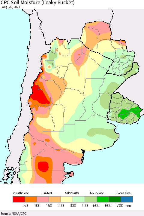 Southern South America CPC Soil Moisture (Leaky Bucket) Thematic Map For 8/16/2021 - 8/20/2021