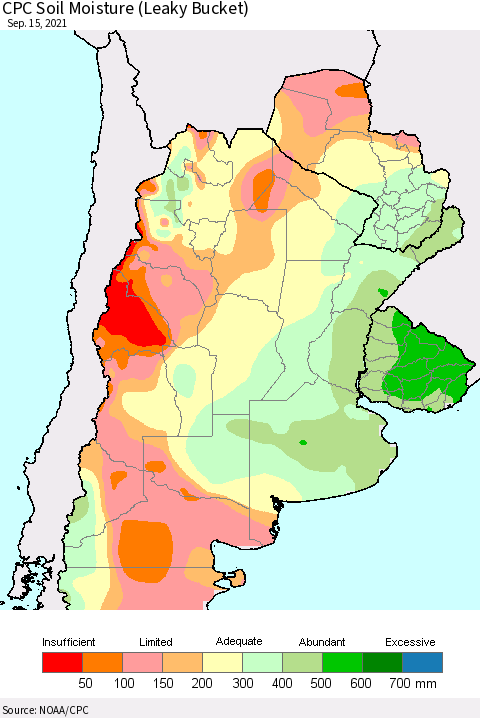 Southern South America CPC Soil Moisture (Leaky Bucket) Thematic Map For 9/11/2021 - 9/15/2021