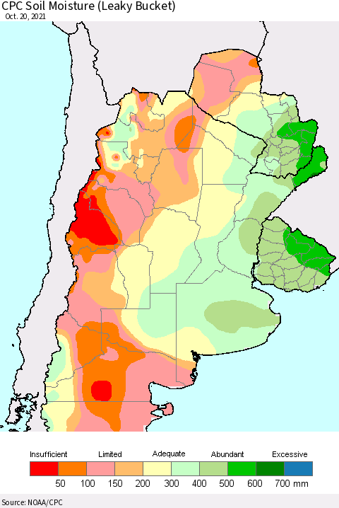 Southern South America CPC Soil Moisture (Leaky Bucket) Thematic Map For 10/16/2021 - 10/20/2021
