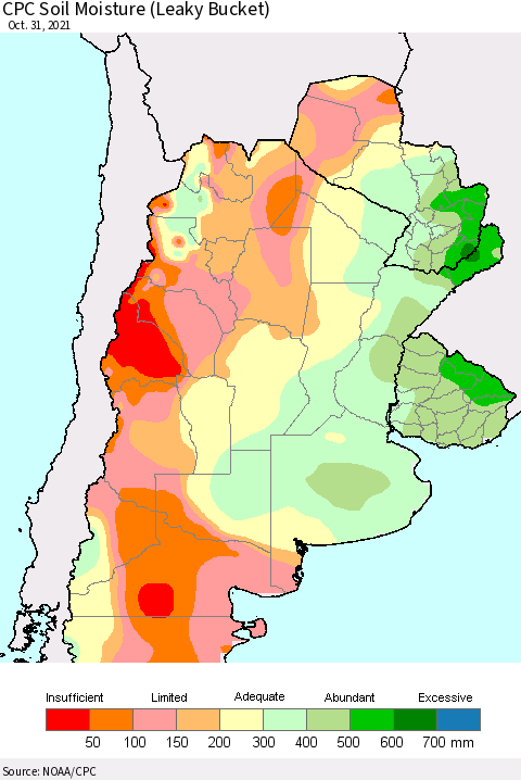 Southern South America CPC Soil Moisture (Leaky Bucket) Thematic Map For 10/26/2021 - 10/31/2021