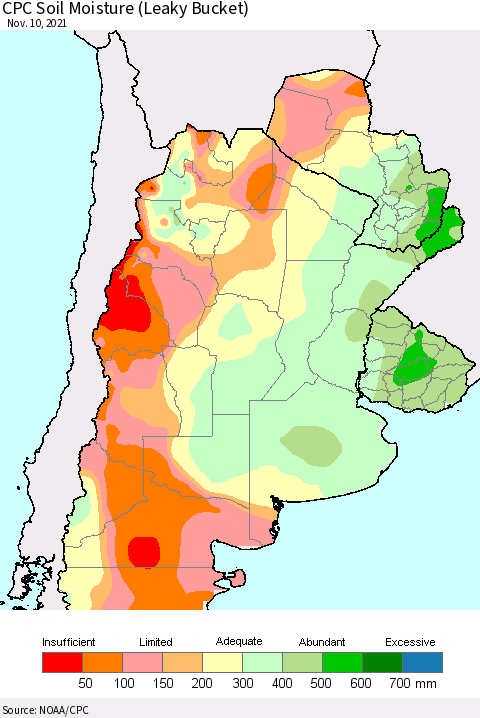 Southern South America CPC Soil Moisture (Leaky Bucket) Thematic Map For 11/6/2021 - 11/10/2021