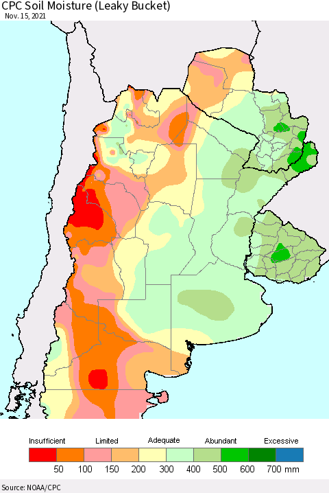 Southern South America CPC Soil Moisture (Leaky Bucket) Thematic Map For 11/11/2021 - 11/15/2021