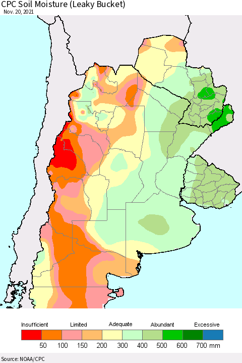 Southern South America CPC Soil Moisture (Leaky Bucket) Thematic Map For 11/16/2021 - 11/20/2021
