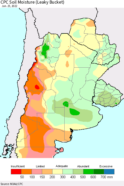 Southern South America CPC Soil Moisture (Leaky Bucket) Thematic Map For 1/21/2022 - 1/25/2022