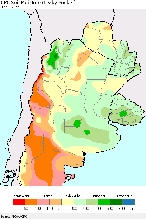 Southern South America CPC Soil Moisture (Leaky Bucket) Thematic Map For 2/1/2022 - 2/5/2022