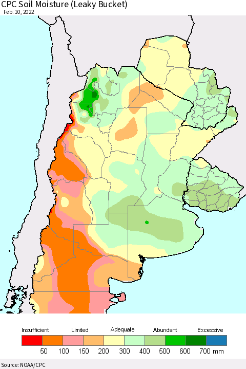 Southern South America CPC Soil Moisture (Leaky Bucket) Thematic Map For 2/6/2022 - 2/10/2022