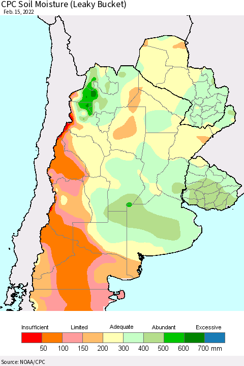 Southern South America CPC Soil Moisture (Leaky Bucket) Thematic Map For 2/11/2022 - 2/15/2022